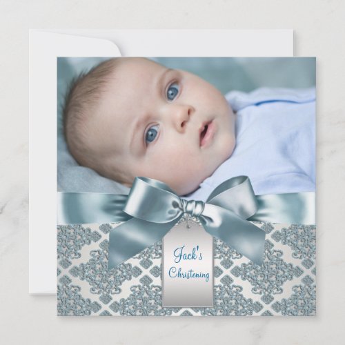 Teal Blue Damask Baby Boy Photo Christening Invitation