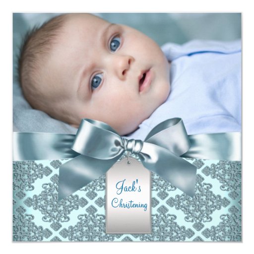 Teal Blue Damask Baby Boy Photo Christening Invitation | Zazzle