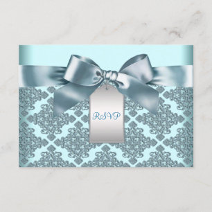 Teal Blue Damask Baptism Christening RSVP