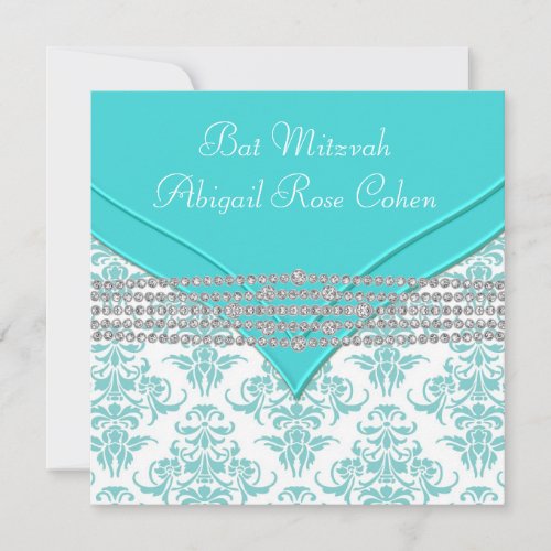 Teal Blue Damask Bat Mitzvah Announcement