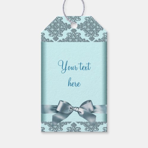 Teal Blue Damask Bow Gift Tags