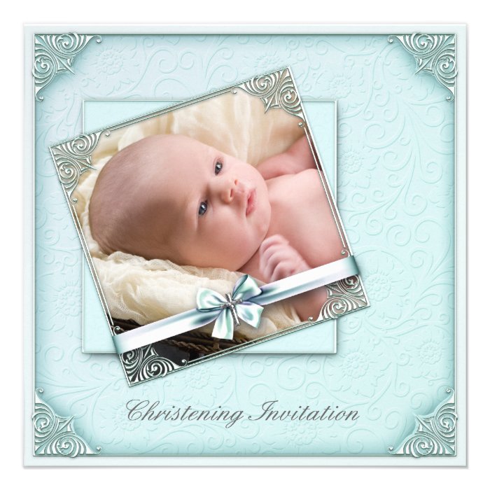 Teal Blue Damask Girl Photo Christening Invitations