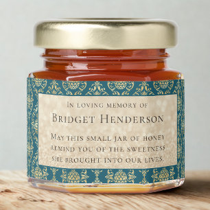 Teal Blue Damask In loving memory Funeral Honey Jar Favors