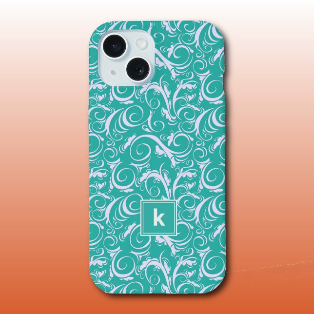 Teal Blue Damask Pattern Monogram  Iphone Case (Creator Uploaded)