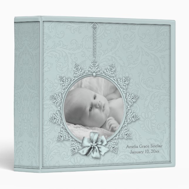 Teal Blue Damask Photo Baby Album 3 Ring Binder (Front/Spine)
