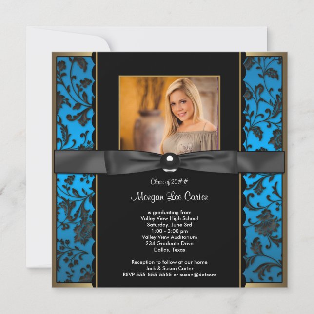 Teal Blue Damask Photo Graduation Announcement (Front)
