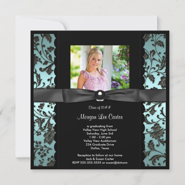 Teal Blue Damask Photo Graduation Invitation (Front)