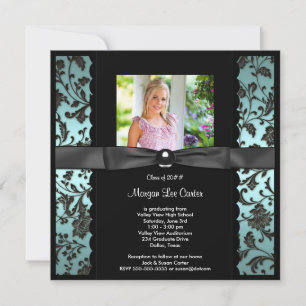 Teal Blue Damask Photo Graduation Invitation