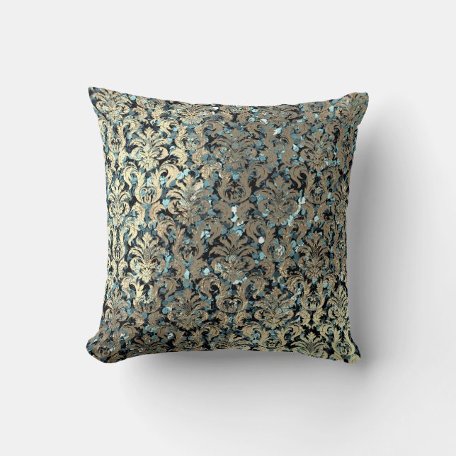 Teal Blue Damask Pink Rose Blush Sequin Faux Gold Throw Pillow (Front)
