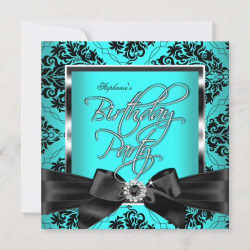 Teal Blue Damask Silver Black Birthday Party Invitation