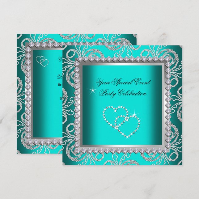 Teal Blue Damask Silver Diamonds Heart Party Invitation (Front/Back)