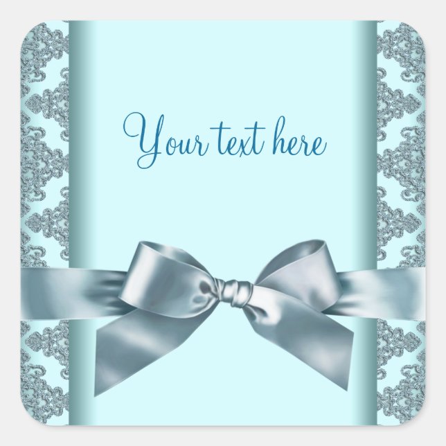 Teal Blue Damask Square Sticker (Front)