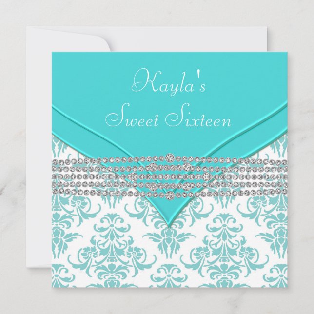 Teal Blue Damask Sweet 16 Party Invitation (Front)