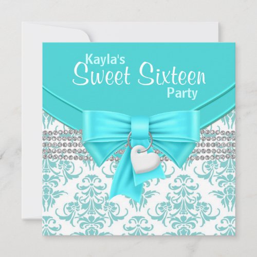 Teal Blue Damask Sweet 16 Party Announcements