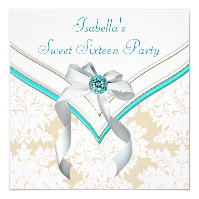 Teal Blue Damask Sweet 16 Party Invitation
