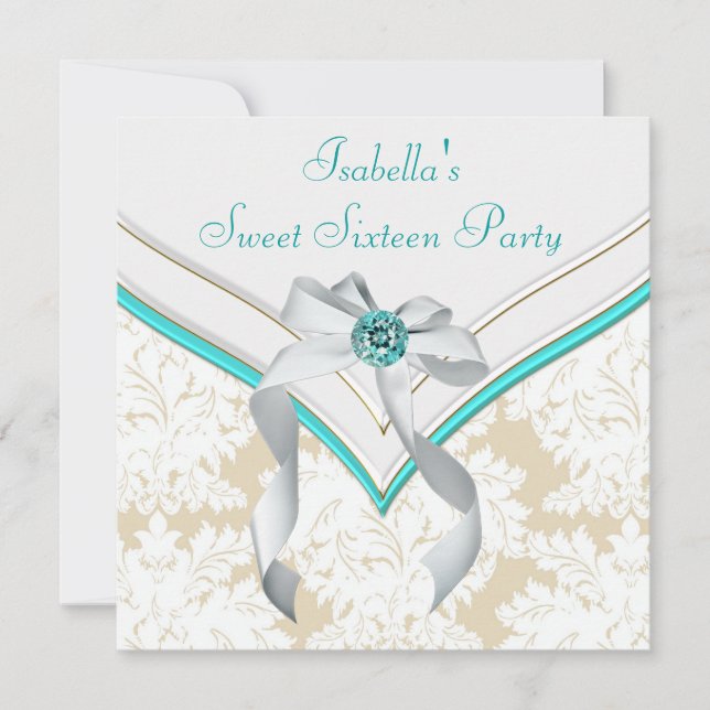 Teal Blue Damask Sweet 16 Party Invitation (Front)