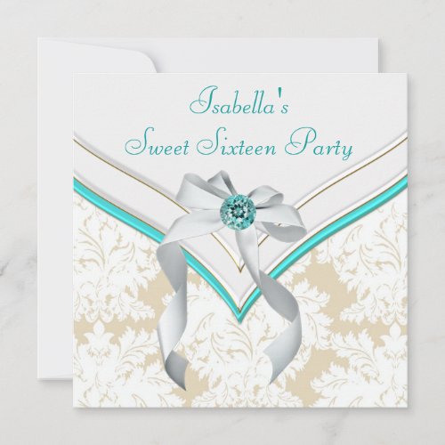 Teal Blue Damask Sweet 16 Party Invitation