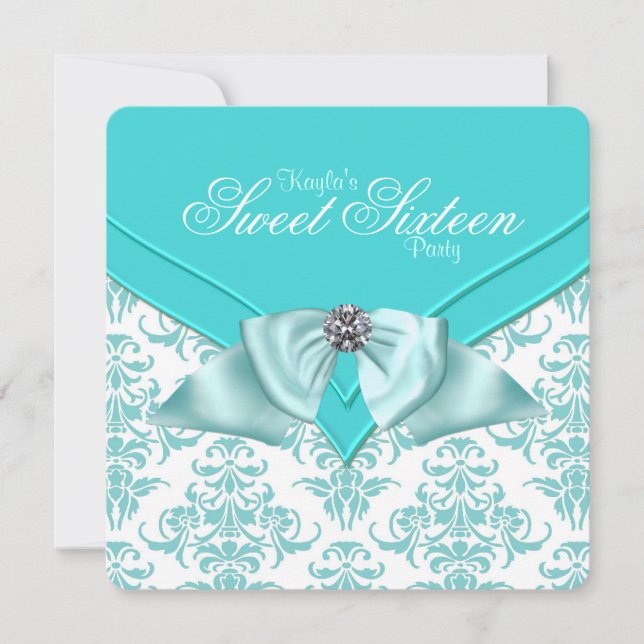 Teal Blue Damask Sweet 16 Party Invitation (Front)