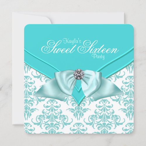 Teal Blue Damask Sweet 16 Party Custom Invitation