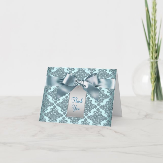Teal Blue Damask Thank You Cards (Front)