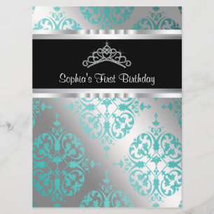 Teal Blue Damask Tiara Princess First Birthday Par Invitation
