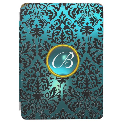 TEAL BLUE DAMASK TURQUOISE GEMSTONE MONOGRAM  iPad AIR COVER