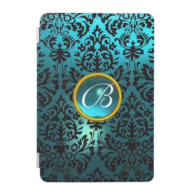 TEAL BLUE DAMASK TURQUOISE GEMSTONE MONOGRAM  iPad MINI COVER (Front)