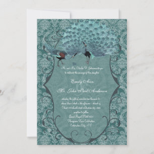 Teal Blue Damask Vintage Peacock Wedding Invitation