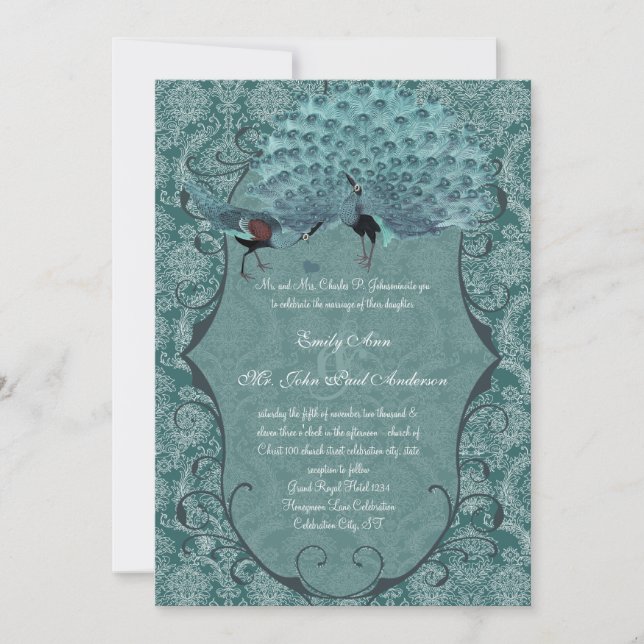 Teal Blue Damask Vintage Peacock Wedding Invitation (Front)