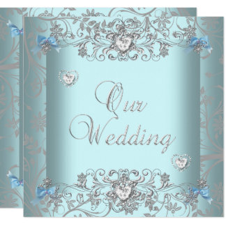 Teal Blue Damask Wedding Silver Diamond Hearts Card