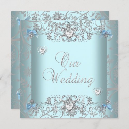 Teal Blue Damask Wedding Silver Diamond Hearts Invitation