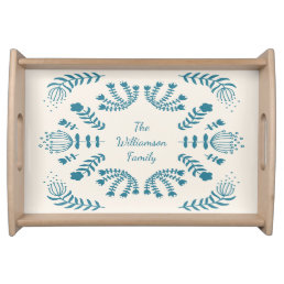 Teal Blue Danish Folk Flowers Personalized Family  Serving Tray