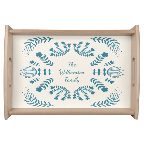 Teal Blue Danish Folk Flowers Personalized Family  Serving Tray