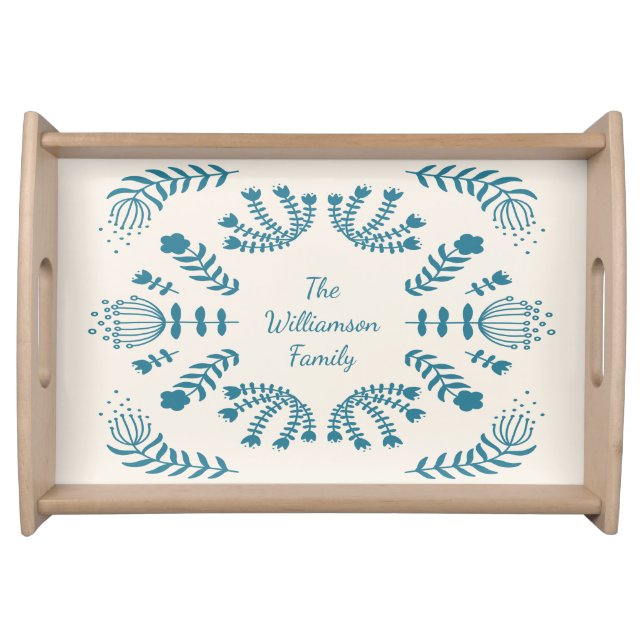 Teal Blue Danish Folk Flowers Personalized Family  Serving Tray (Front)