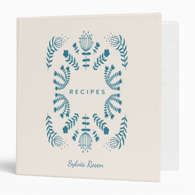 Teal Blue Danish Folk Flowers Personalized Recipe 3 Ring Binder (Front/Inside)