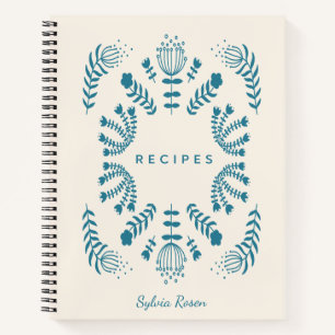 Teal Blue Danish Folk Flowers Personalized Recipe Notebook