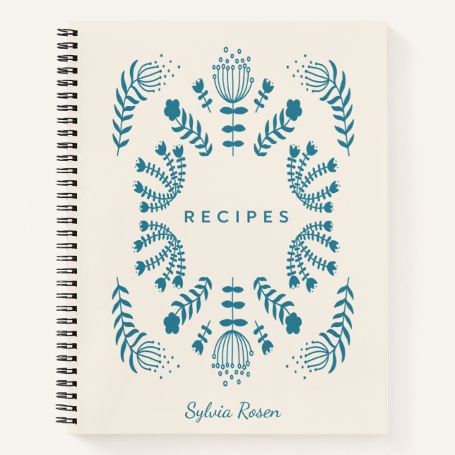 Teal Blue Danish Folk Flowers Personalized Recipe Notebook (Front)