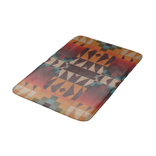 Teal Blue Dark Red Beige Brown Orange Tribal Art Bathroom Mat