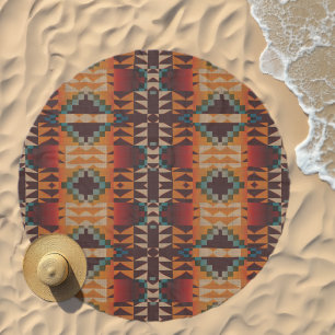 Teal Blue Dark Red Beige Brown Orange Tribal Art Beach Towel