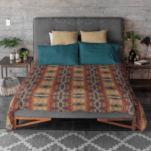 Teal Blue Dark Red Beige Brown Orange Tribal Art Duvet Cover