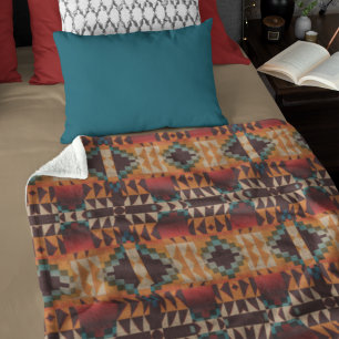Teal Blue Dark Red Beige Brown Orange Tribal Art Fleece Blanket
