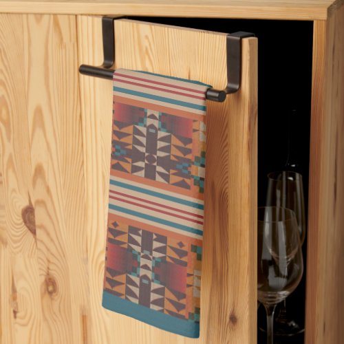 Teal Blue Dark Red Beige Brown Orange Tribal Art Kitchen Towel