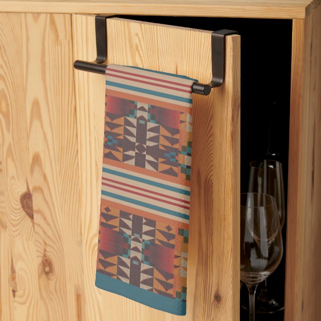 Teal Blue Dark Red Beige Brown Orange Tribal Art Kitchen Towel (Thirds Fold)