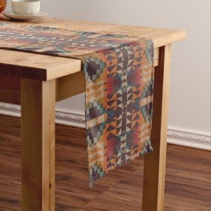 Teal Blue Dark Red Beige Brown Orange Tribal Art Short Table Runner