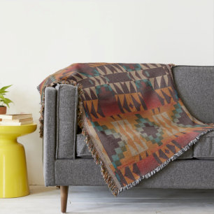 Teal Blue Dark Red Beige Brown Orange Tribal Art Throw Blanket