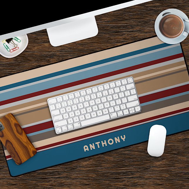 Teal Blue Dark Red Neutral Beige Brown Art Stripes Desk Mat (Creator Uploaded)