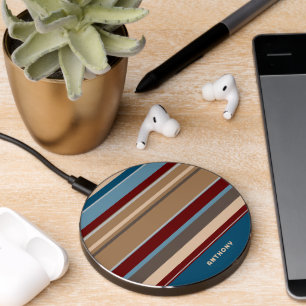 Teal Blue Dark Red Neutral Beige Brown Art Stripes Wireless Charger