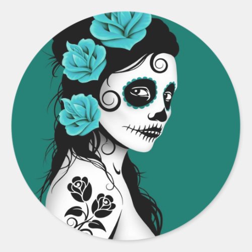 Teal Blue Day of the Dead Sugar Skull Girl Classic Round Sticker