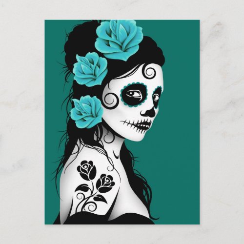 Teal Blue Day of the Dead Sugar Skull Girl Postcard