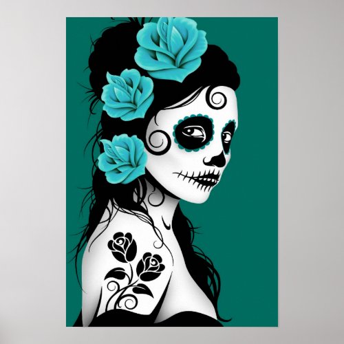 Teal Blue Day of the Dead Sugar Skull Girl Poster